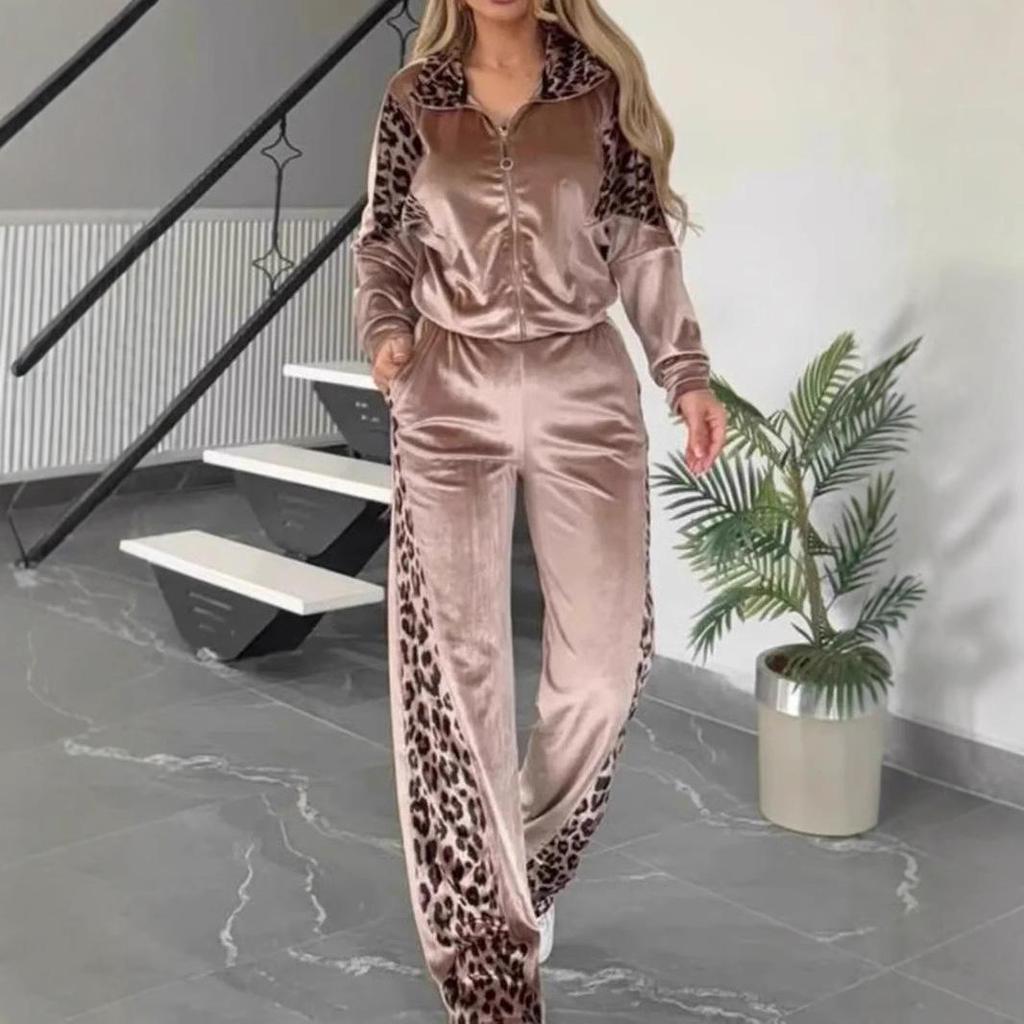 Women's Velour Tracksuit Set with Leopard Print Detail, Zip-Up Jacket and Wide Leg Pants