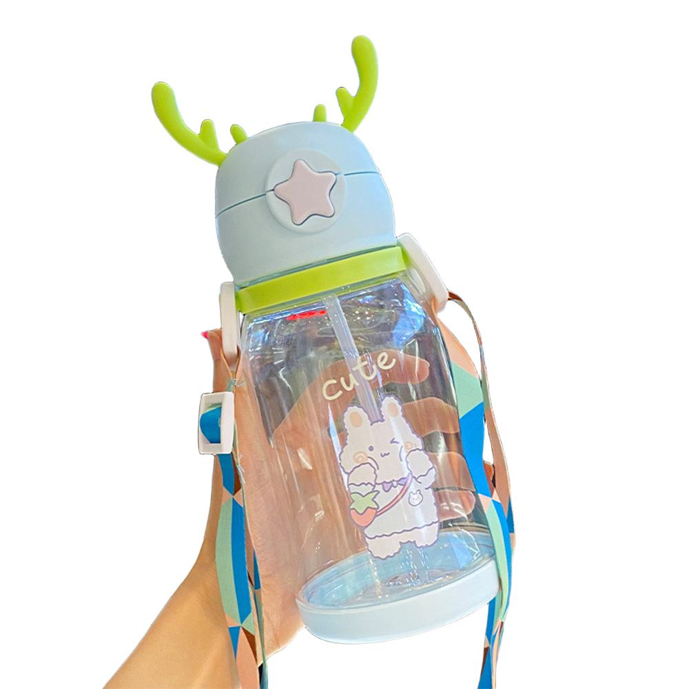 600ml Cartoon Water Bottle Children Net Red Plastic Antler Straw Water Cup Portable Polychrome Large Capacity Water Bottle Summe