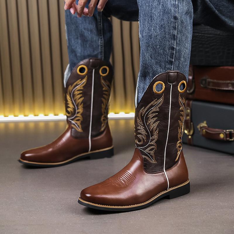 Foreign trade 2025 new ethnic style embroidery medium tube boots square head medium heel knight boots large size men's boots