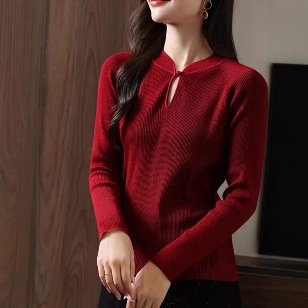

Autumn Women s Fine Wool Qipao Collar Lurex Pullover Sweater - New Chinese Style Knitted Base Shirt M (95-110 jin) чорний