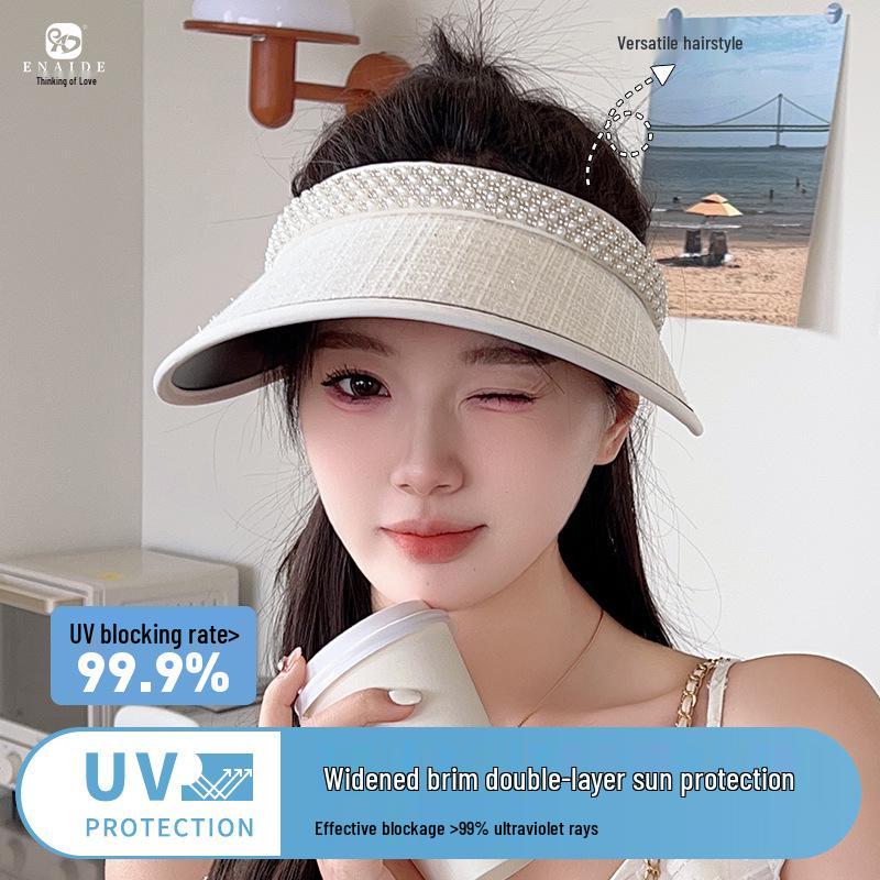 Women's Summer UV Protection Topless Sun Hat with Pearls - Black Rubber Wide Brim