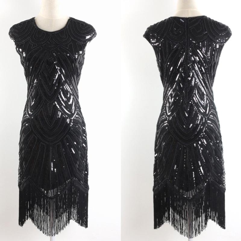 Plus Size Sequin Beaded Tassel Evening Dress - Slimming Hip-Hugging Design with Round Neck 