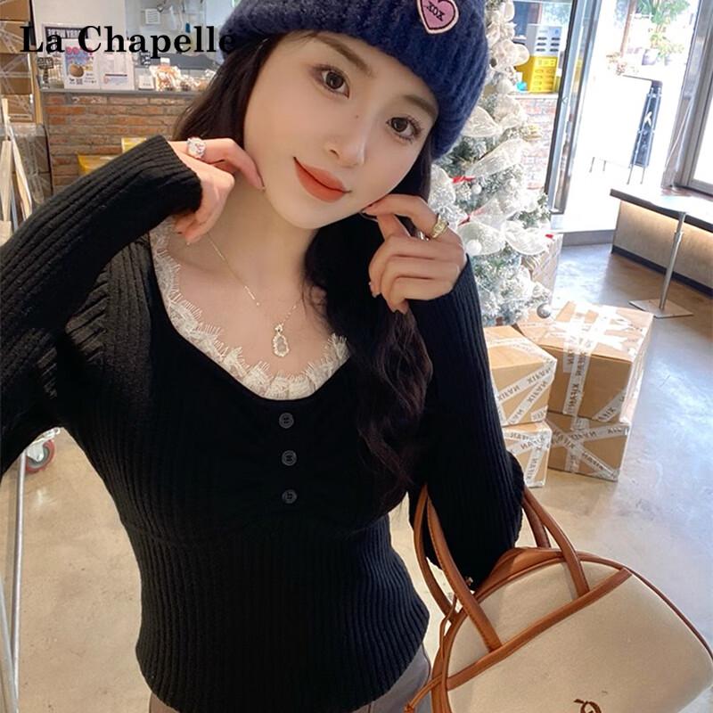 Damen Schickes V-Ausschnitt Strick-Basisschicht-Top mit Spitzendetails