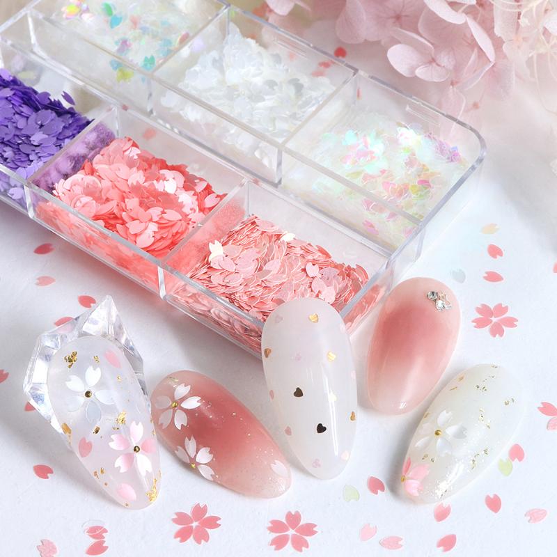 6/12 Grids Cherry Blossom Petals Nail Art Glitter Sequins Holographic Nail Flakes Sequin Mixed Iridescent Powder Nail Decoration