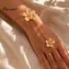 Layered Flower Hand Accessory Gold Chain Link Bracelet with Finger Ring for Integrated Women, Hibiscus Flowers O Bracelet, Floral Fairy Jewelry