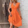 Elegant Plus Size V-Neck Hollow-Out Dress with Lotus Leaf Sleeves