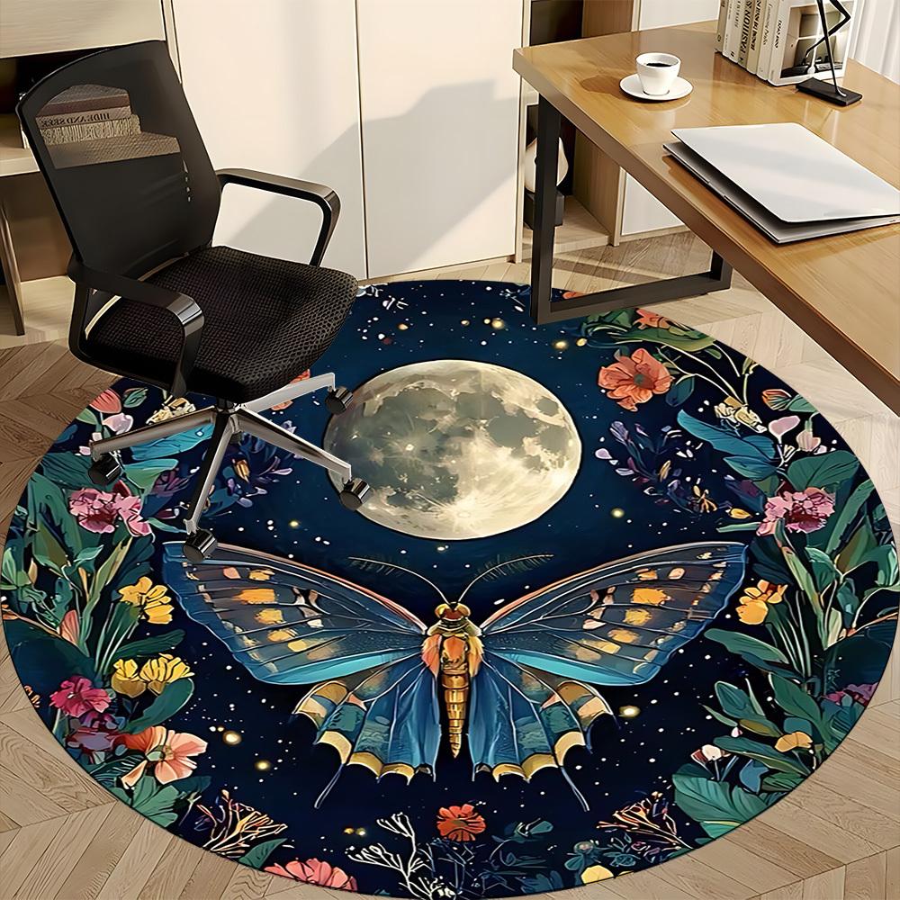1pc Butterfly Moon Office Round Area Rug, Under Office Chairs Bedroom Living Room Home Decor, Room Deco