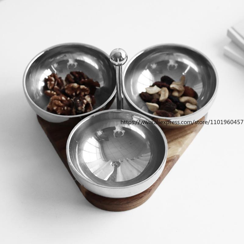 Creative Snack Bowl Electroplated Color Acacia Solid Wood Base With Handle Triangular Stainless Steel Nut Snack Bowl