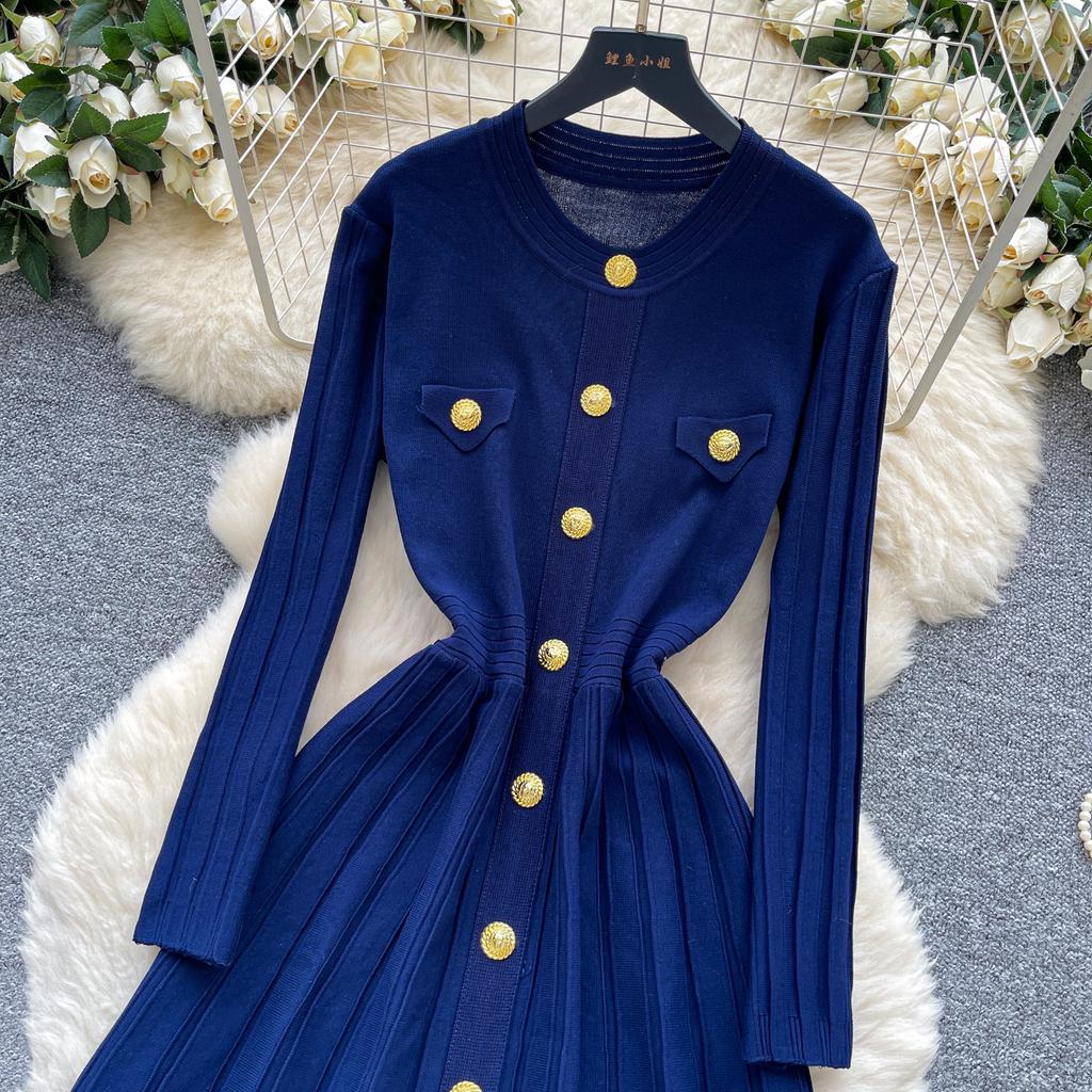 Autumn Winter High Waist Knitted Umbrella A-line Dresses 2025 New Buttons O-neck Long Sleeve Loose Sweater Dress Female