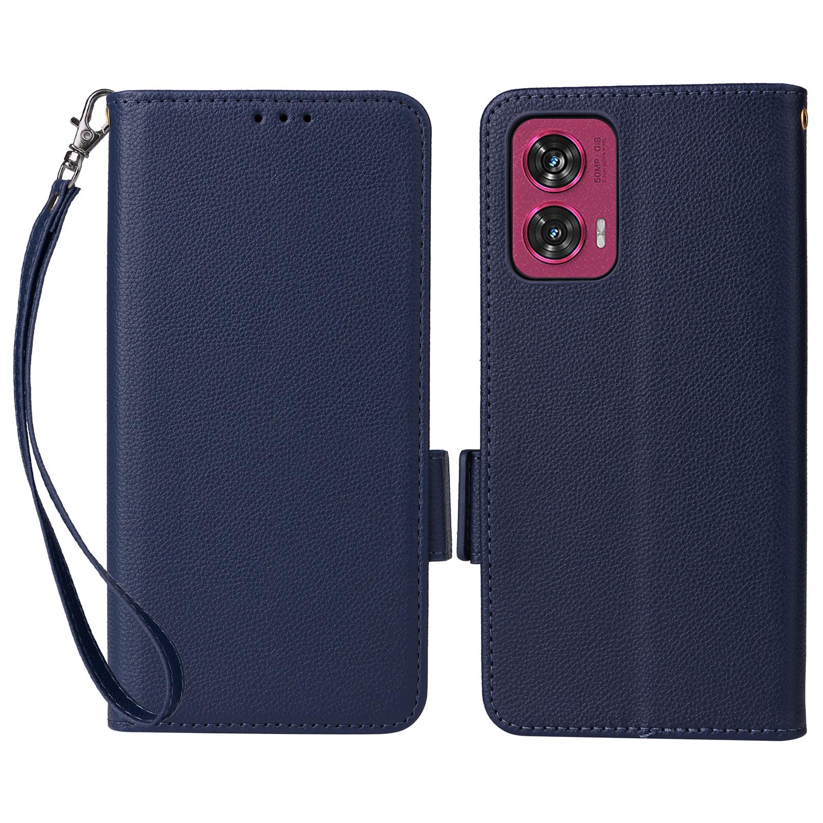 

For Motorola Edge 50 Fusion 5G Case with Wrist Strap Litchi Texture PU Leather Wallet Phone Cover Dark Blue