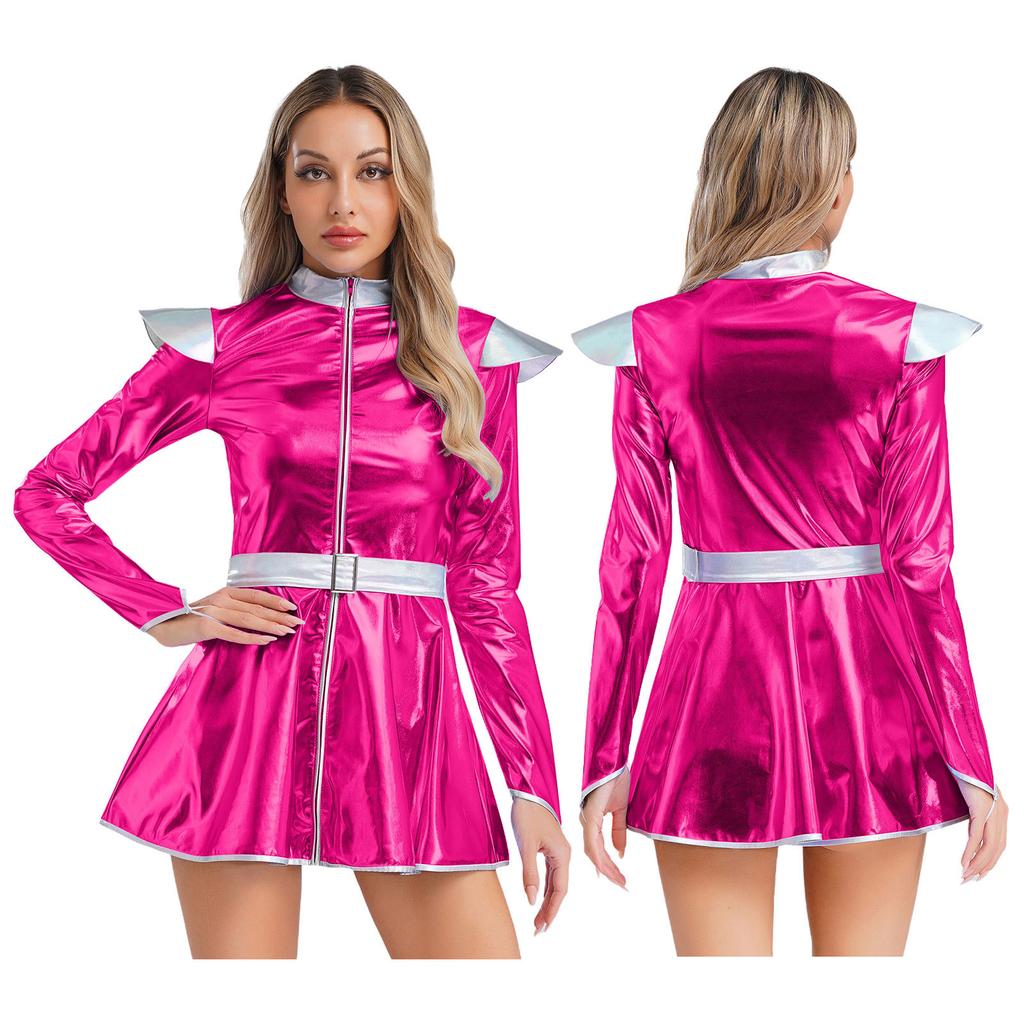 Women Alien Robot Halloween Costume Metallic Shiny A-Line Dress Long Sleeve Front Zip with Belt