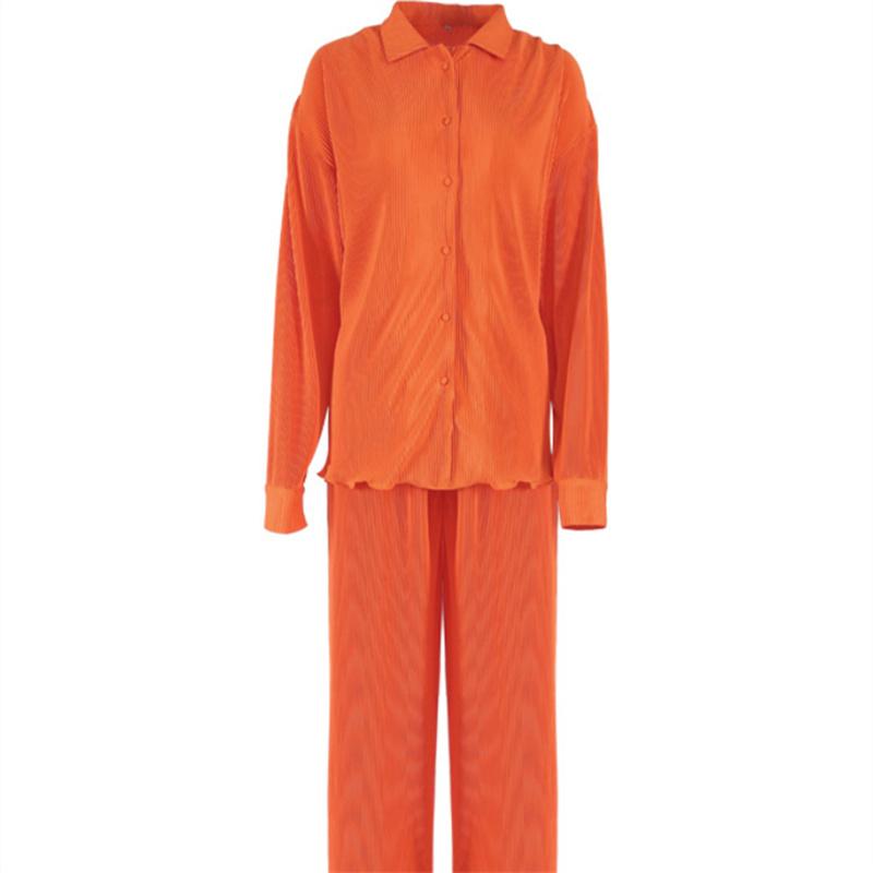 Casual High Wasit Pleated Pants Set Women Autumn Long Sleeve Blouses Matching Wide Trousers Suit Green Pleated 2 Piece Pant Sets