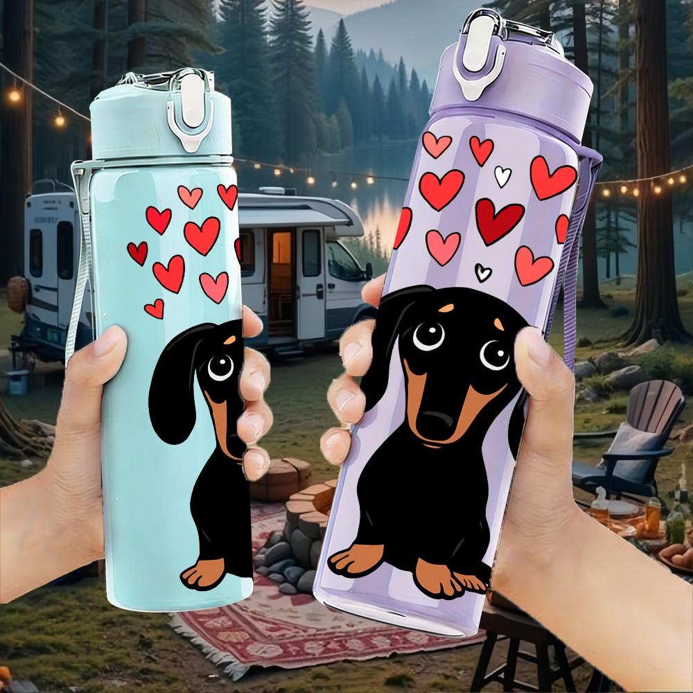 1PC Dachshund Dog With Heart Balloon Print 750ml Color Plastic Sports Water Bottle Leakproof Flip Straw Lid Suitable for Sports Office Home Use