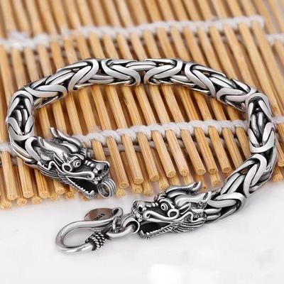 Bracciale Retro Thai con Drago da Uomo - Argento Invecchiato, Catena con Testa di Drago e Ossa, Stile Hip-Hop