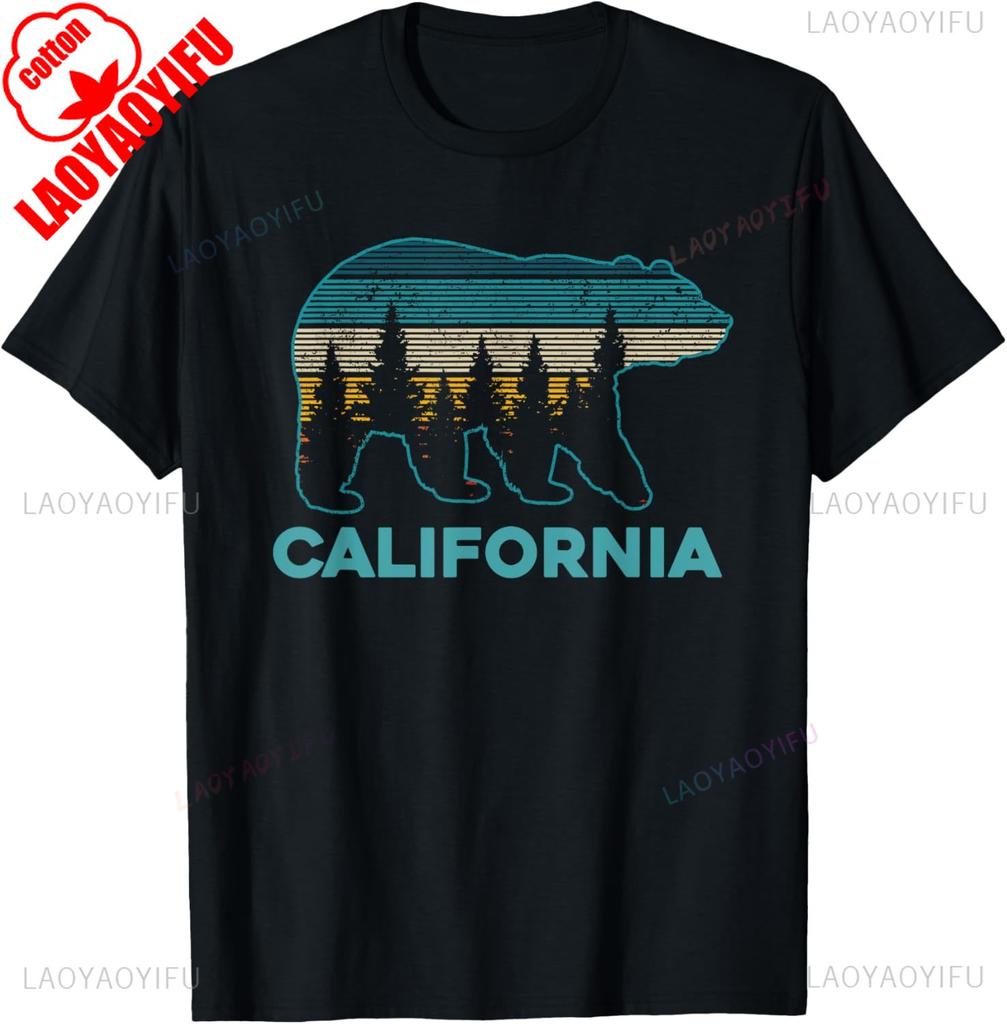 California Bear Vintage Retro Nature Hiking Souvenir Gift TShirt Natural Forest Tee Tops Men Daily Crewneck Cotton Short Sleeve