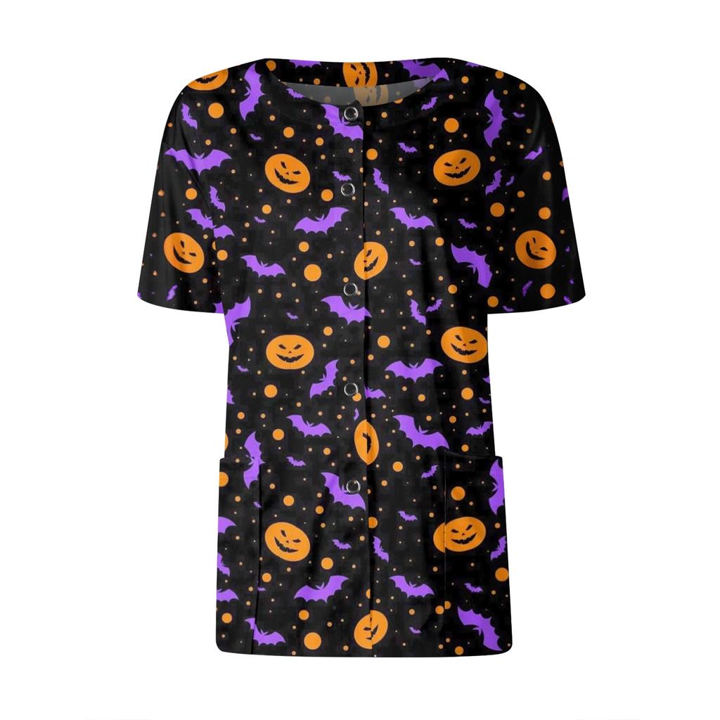 Women's Short Sleeved Patterned Pockets, Work Print Stand Up Collar, Single Breasted Protective Clothing, Cardigan Jacket, Top