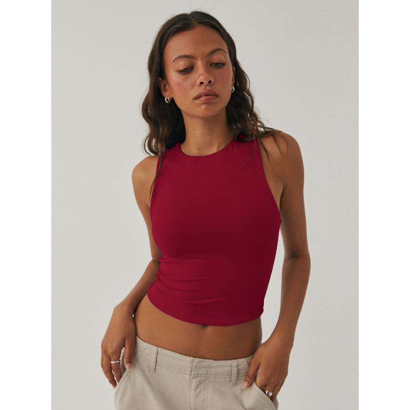 Kadın Seksi Boyunsuz Kolsuz Dar Alt Gömlek Yuvarlak Yaka Çalışma Tank Top