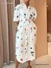 Spring European-American Women's Loose Printed Tie-Up Puff Sleeve Shirt Dress