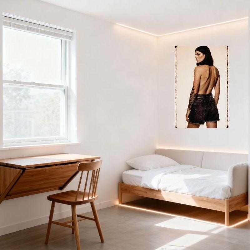 Sexy Vintage Tattooed Woman Metal Tin Sign, Long Dark Hair High-Waisted Denim Shorts Frayed Edges, Freckled Skin Back Contours,