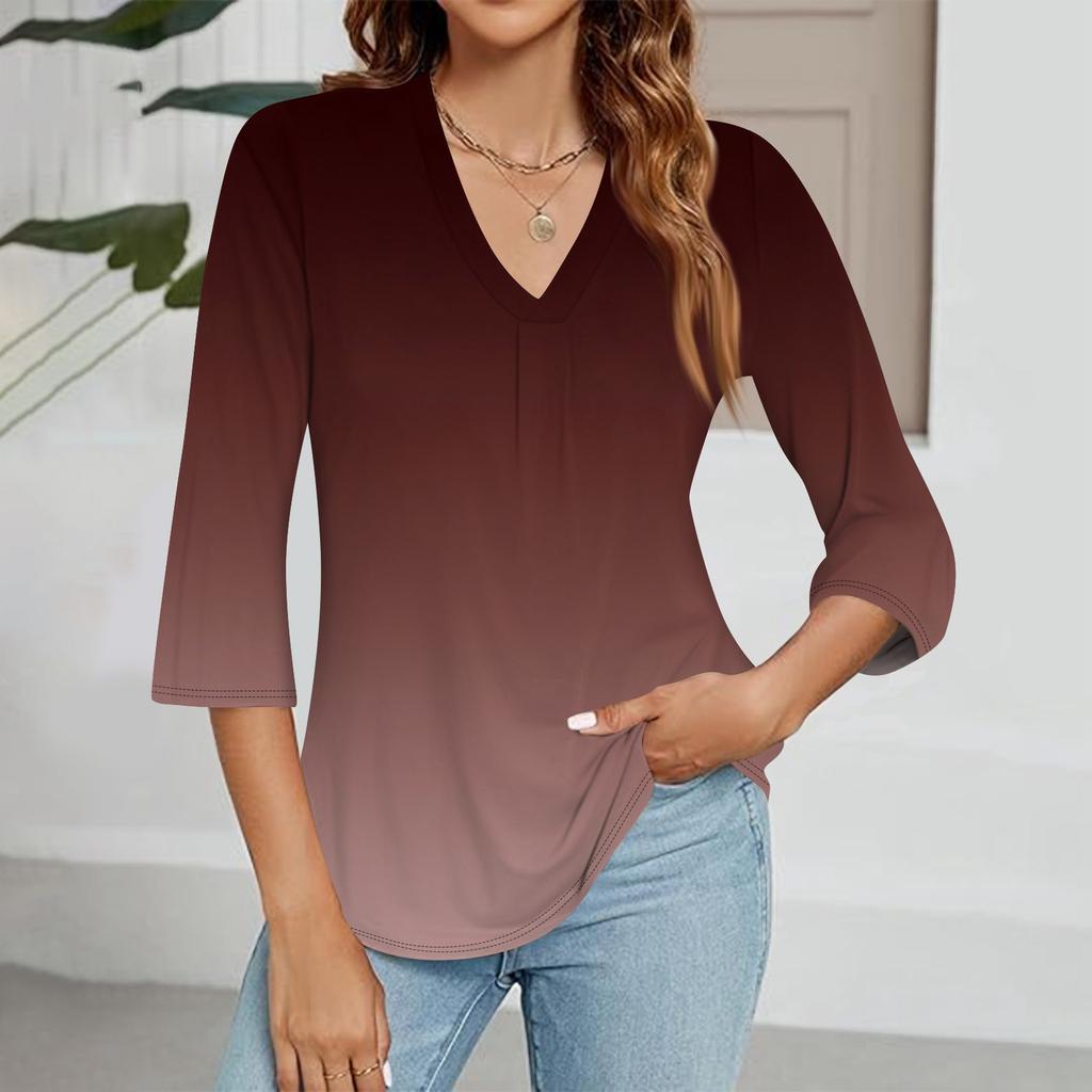 Women's V-neck Gradient Print Three-quarter Sleeve Fashion Top