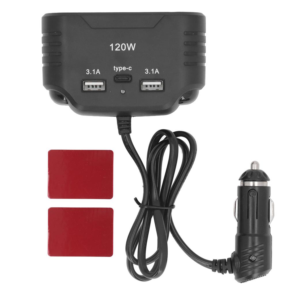 Car Cigarette Lighter 3 Socket Prevent Short Circuit Car Charger Power Converter with USB Type C