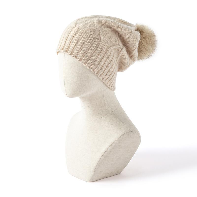 Women 100% Pure Cashmere Beanie Hat Pom Pom Detail Cable Knit Winter Warm Soft Slouchy Skullies Cap Cold Weather Accessory
