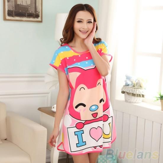 Cute Women Cartoon Panda Sleepwear Pajamas Short Sleeve Sleepshirt Nightdress