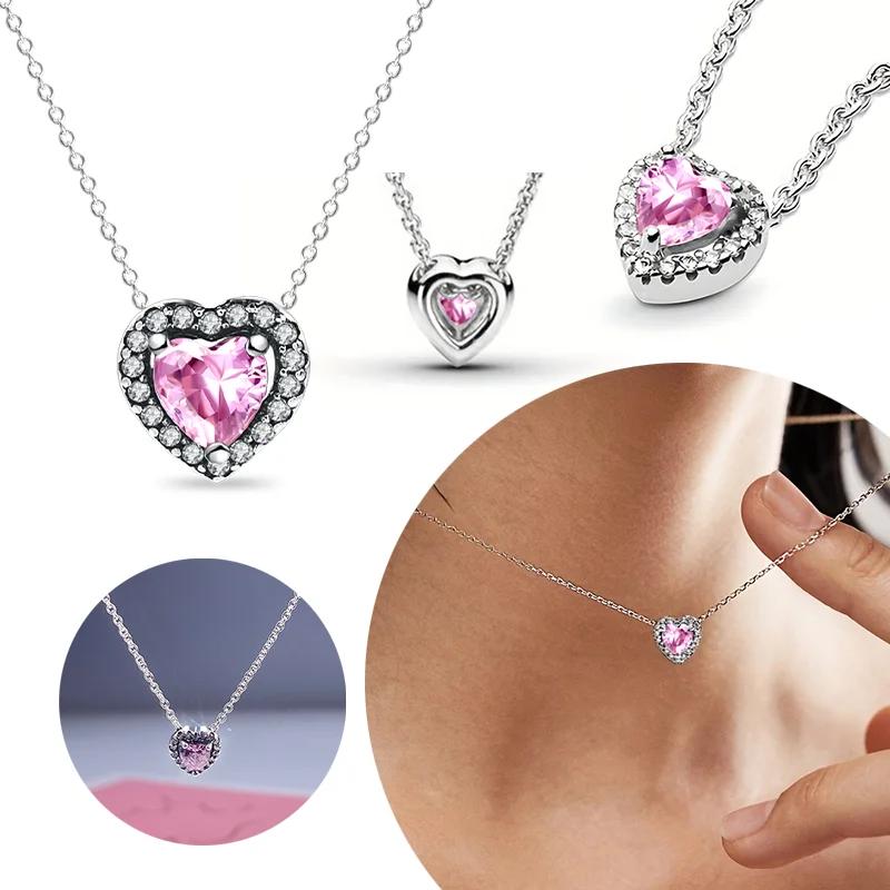925 Silver Heart-Shaped Shiny Zircon Elevated Red&Pink&Blue&White Heart Necklace Lover's Gift Fine Jewelry for Women