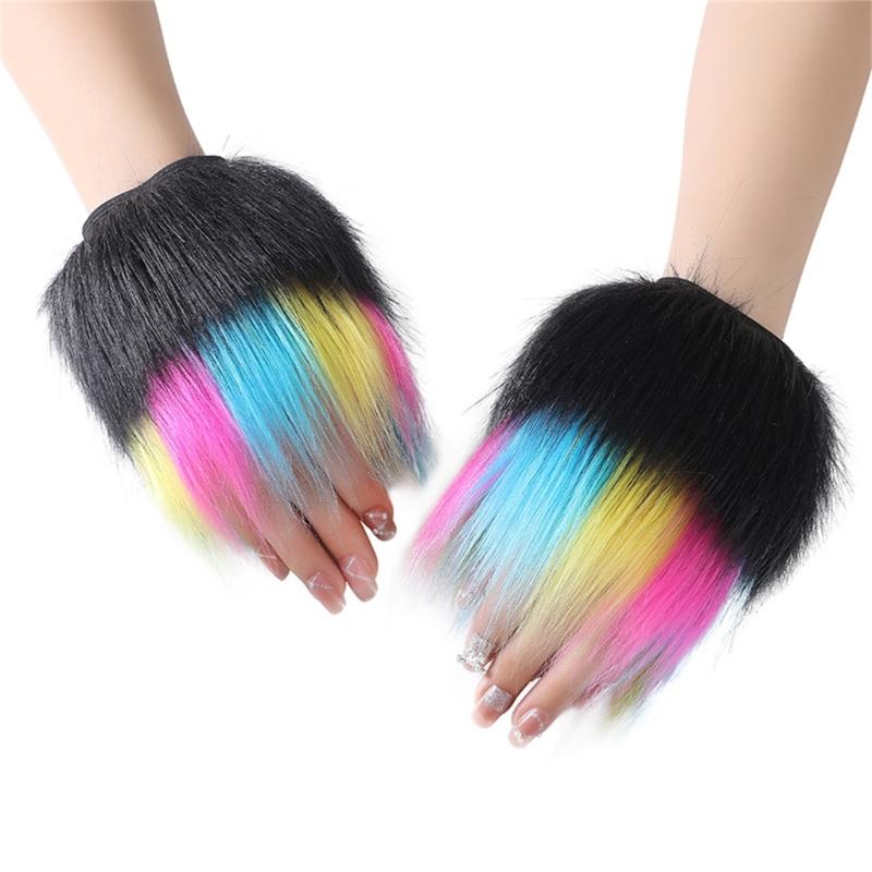 Fingerless Rainbow Fleece Gloves For Winter Soft Plush Warmth Unisex Design Colorful Bear Cosplay