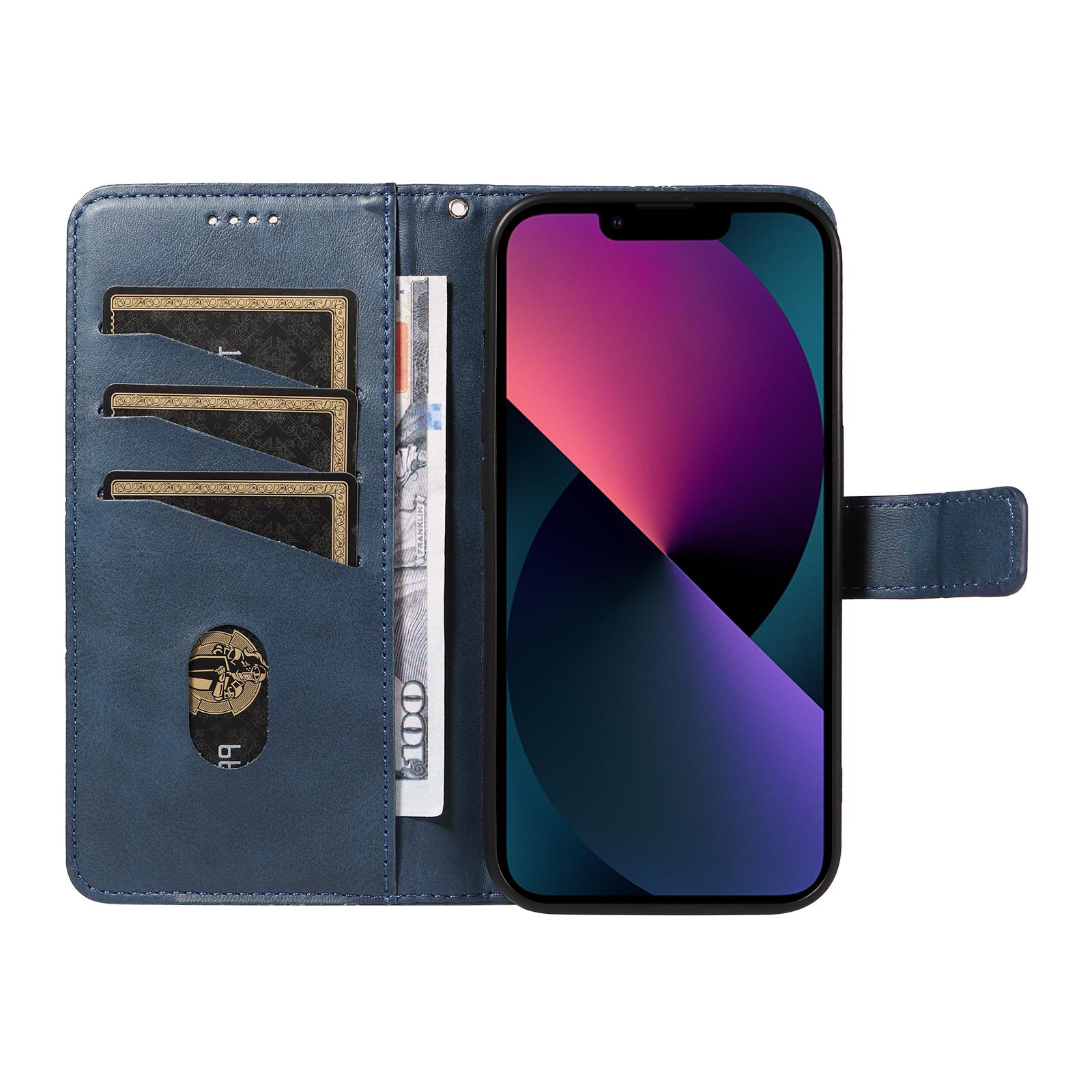 

For iPhone 14 Case Wallet Geometric PU Leather Phone Cover Calf Texture Blue