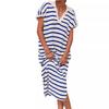 Summer Dress Women's V-neck Striped Low-slit Lapel Long Sweater