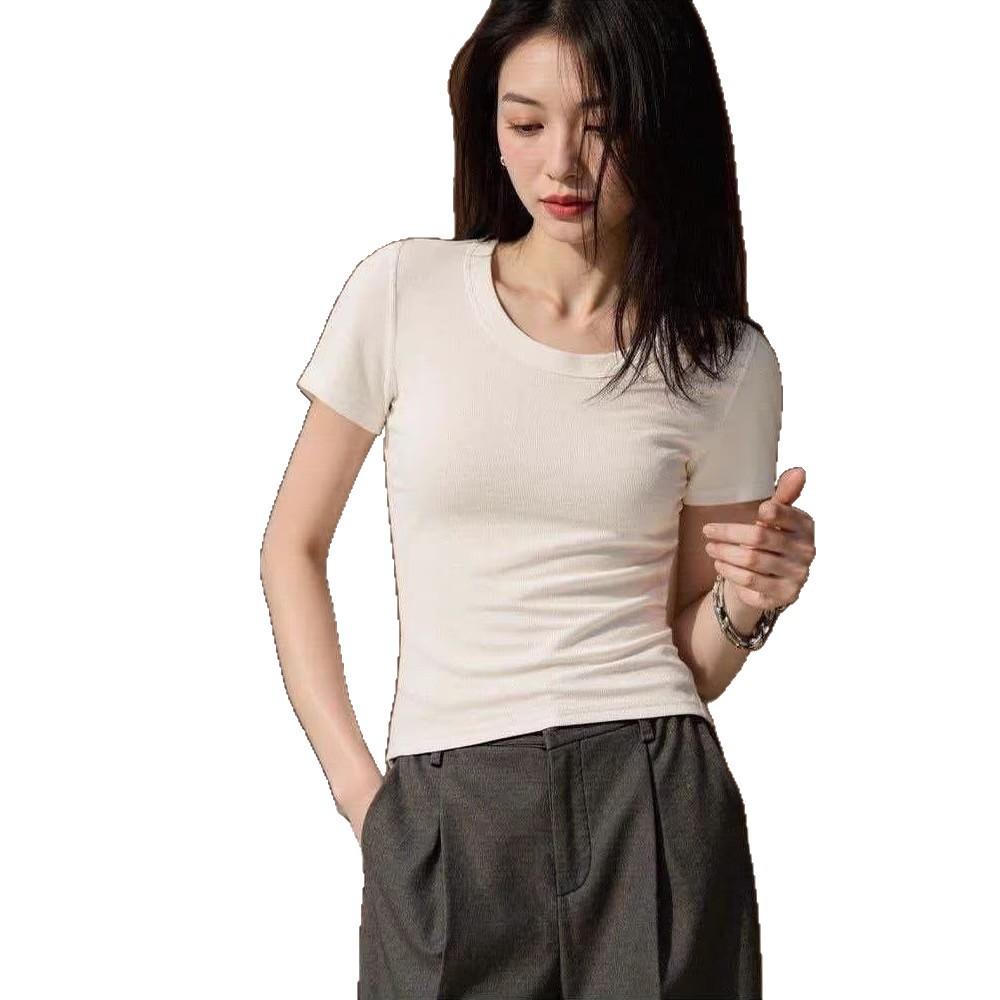 Be careful with the machine U-neck slim-fitting short-sleeved T-shirt for women's summer new waist pinch and thin white bottoming shirt top