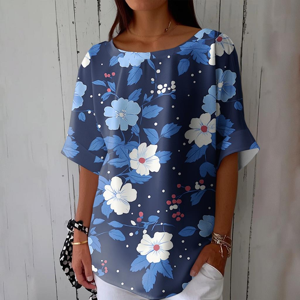 Women's Fashionable Casual Round Neck Printed Top Loose Top Printed Top Loose Top