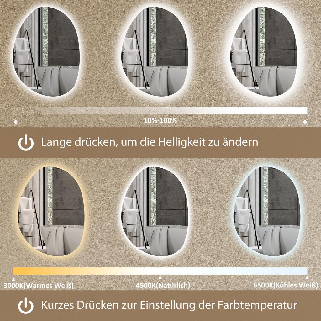70 x 50 cm Asymmetrical Bathroom Mirror with LED Light, Smart Touch Switch, Anti-Fog Function, Silver