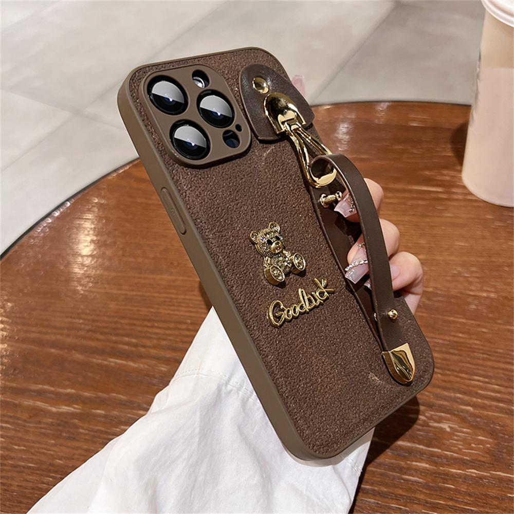 Luxury Leather 3D Bear Wristband Protective Phone Case For iPhone 15 14 13 Pro Max 11 12 Shockproof Cover