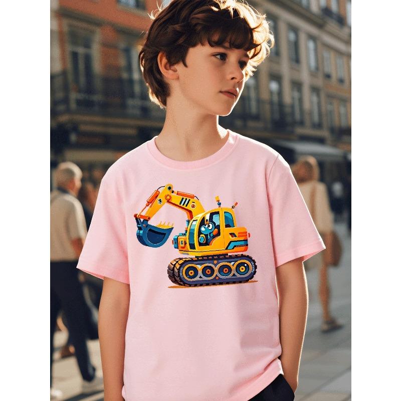 T-shirt da bambino con stampa di escavatore colorato a cartoni animati, girocollo, manica corta