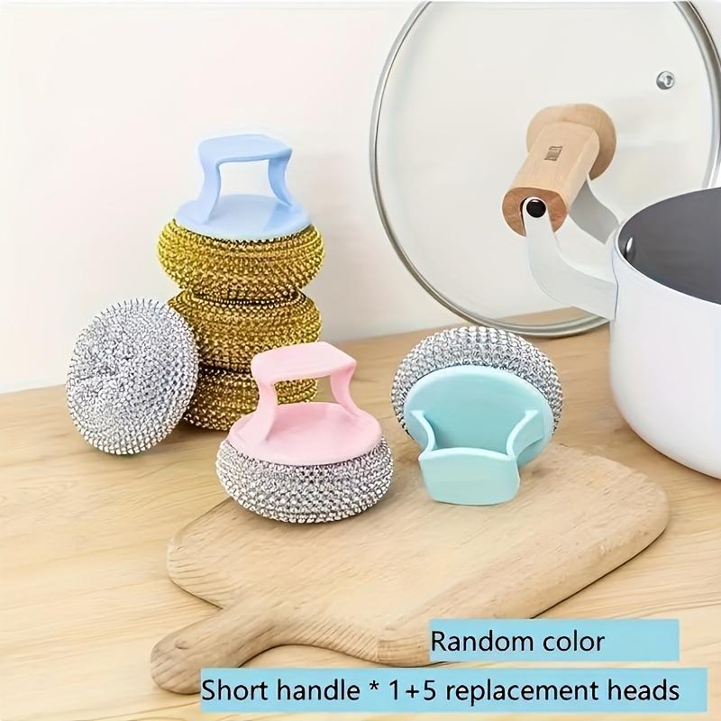 Stainless Steel Sponge Brush with Handle, Removable Decontamination Ball, Non-Stick & Oil-Free Dishwashing, Residue-Free Kitchen Cleaning Too