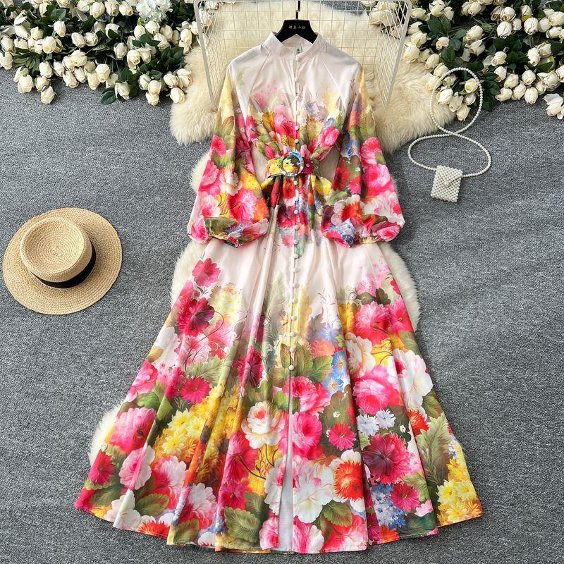 Flowers Spring Clothing Silm Long Puff Sleeve Dress