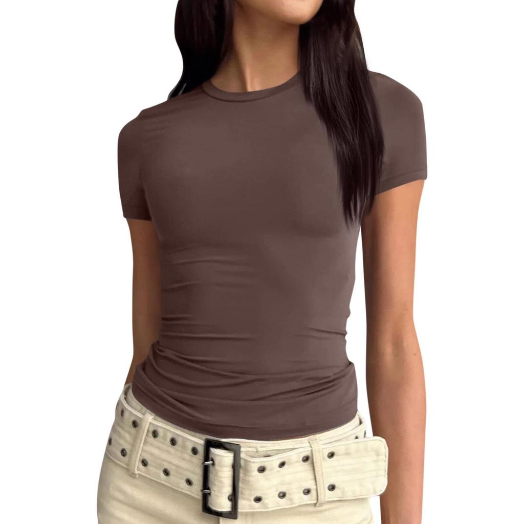 Kadın Kısa Kollu Katı Seksi Sevimli Tee Slim Fit Sıkı Kırpma Üst T Gömlek