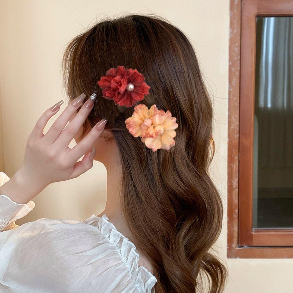 Korean Style Flower Hair Clip Pearl Girl Hair Clip Sweet Silk Flower Hairpin  Seaside