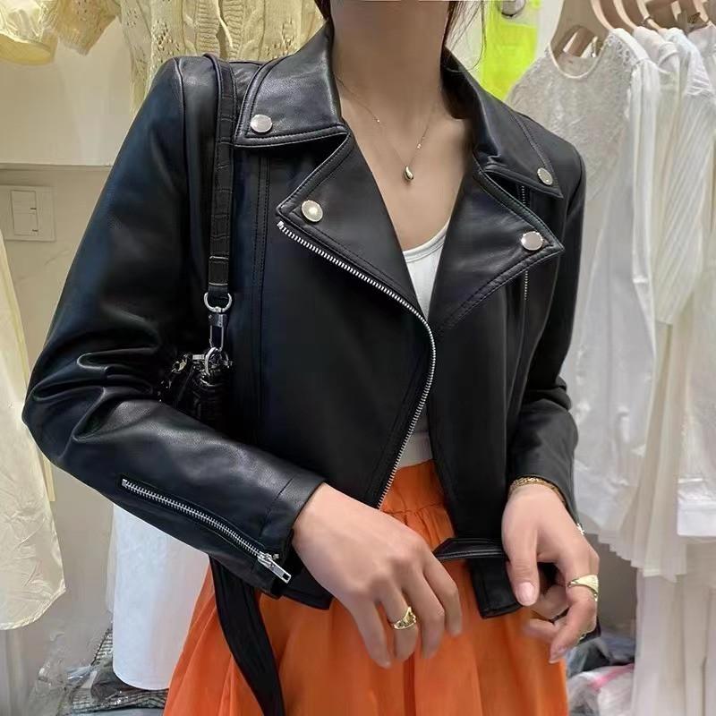 

Женская кожаная куртка с высокой талией, короткая, корейский стиль, модная, тонкая мотоциклетная кожаная куртка, весеннее и осеннее пальто из искусственной кожи XL