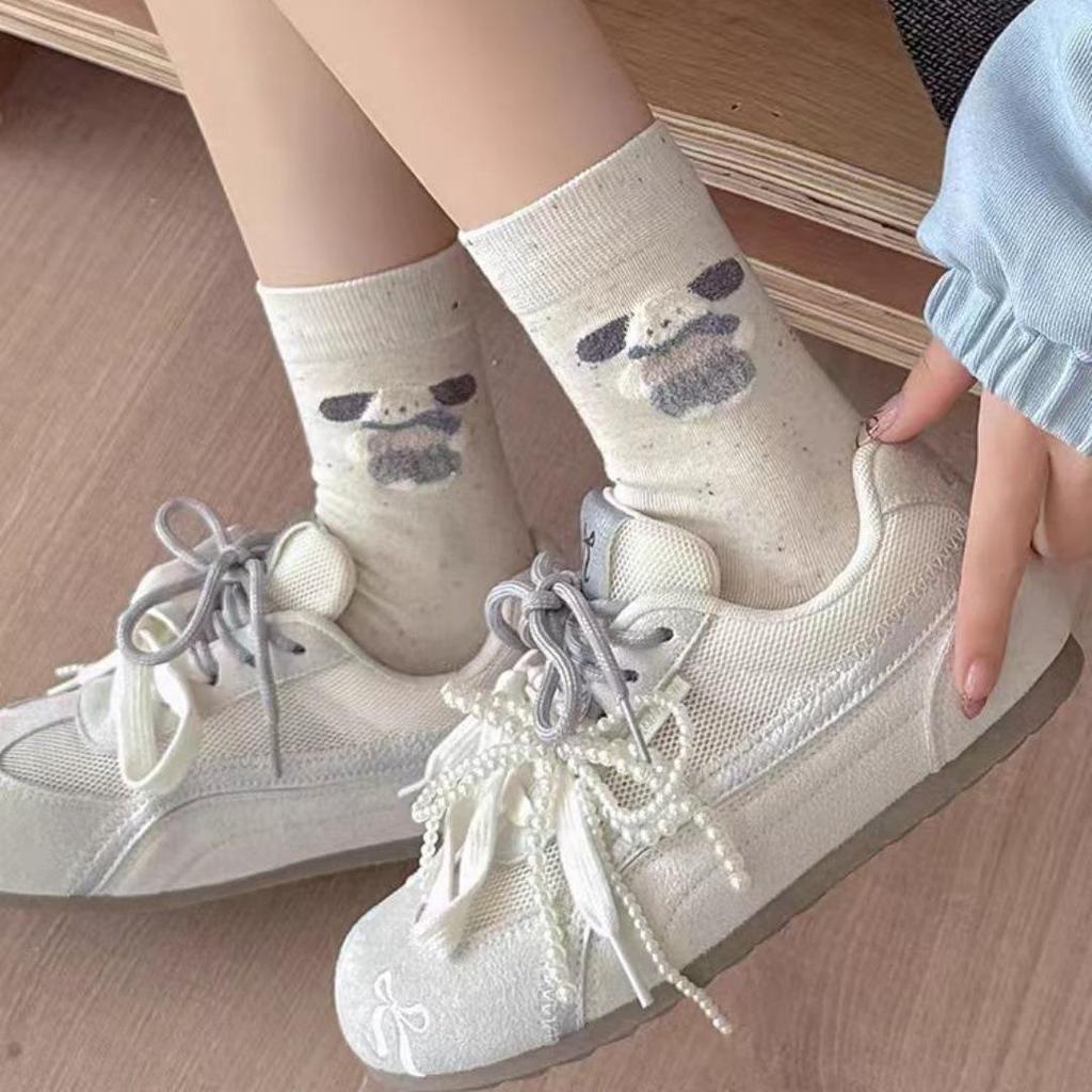 Dot Yarn Cartoon Bear Mid-Calf Socks for Women - Cute Japanese Style Cotton Socks for Spring and Autumn