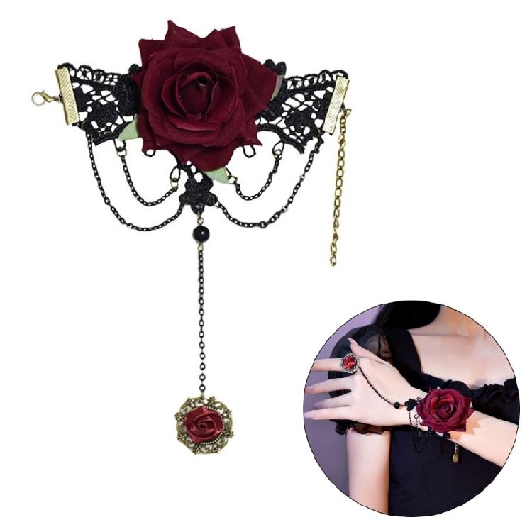 Fingerless Rose Flower Gloves Gothic Chain Wrist Guard Cuff Sleeves Halloween DressUp Wristband