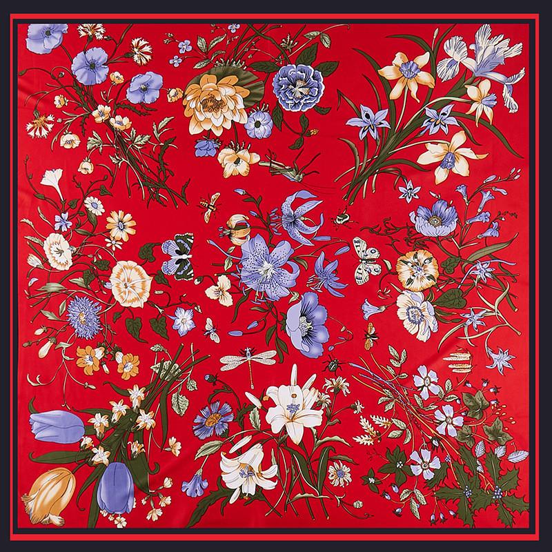 POBING Silk Scarf Women Large Shawls Back Garden Print Stoles Square Bandana Luxury Kerchief Hijab Female Foulards 130CM