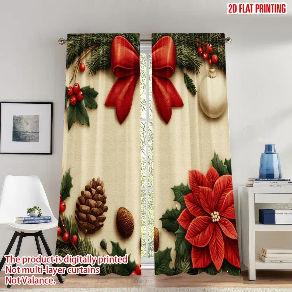 

Set Of 2 Flat Printing Merry Christmas Curtains Poinsettia Holly Bow Digital Printed Polyester Drapes Family Party Curtain W100*H70(CM)-Grommet top&2PCS