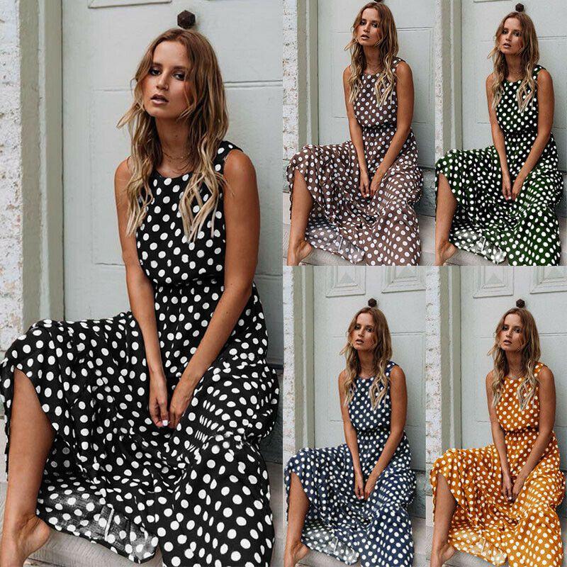 Stylish Womens Sleeveless Polka Dot Maxi Dress Perfect For Summer Beach Holidays