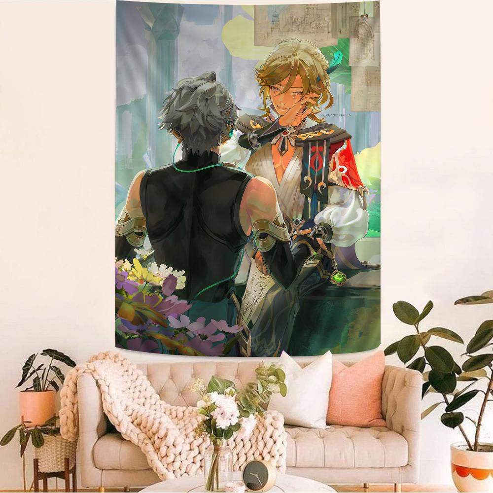 Genshin Impact Kaveh Alhaitham Anime Tapestry Hippie Flower Wall Carpets Dorm Decor Cheap Hippie Wall Hanging