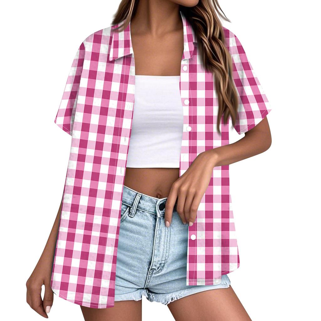 Women Casual Loose Short Sleeve Button Down Shirt Collar Plaid Checkered Blouse Summer Top Lightweight Breathable Fabric