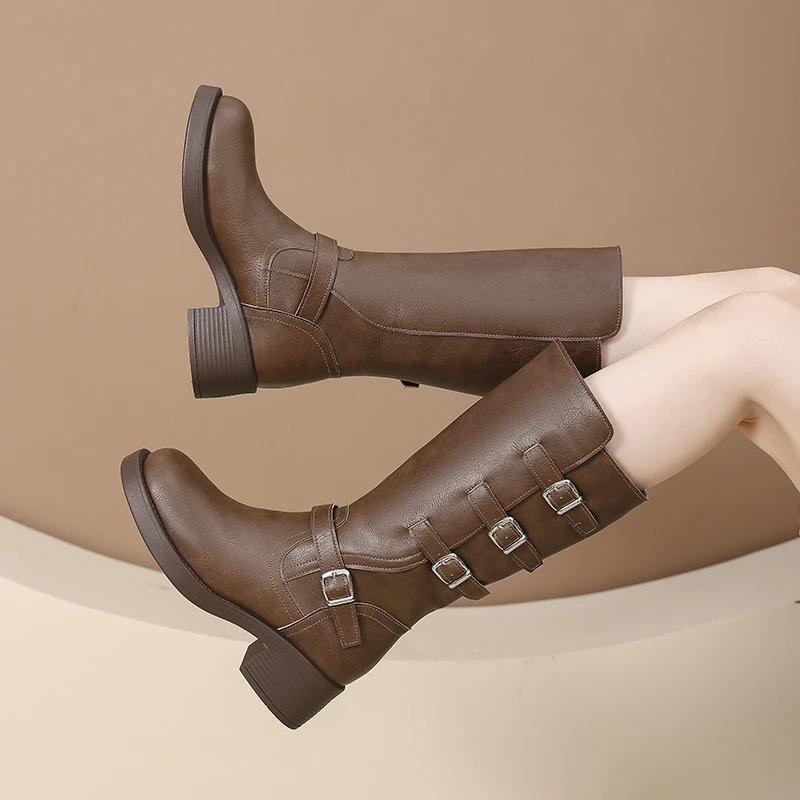 Bottes mi-mollet à bout rond automne et hiver nouvelles à talons épais style britannique tempérament polyvalent bottes de mode pour femmes