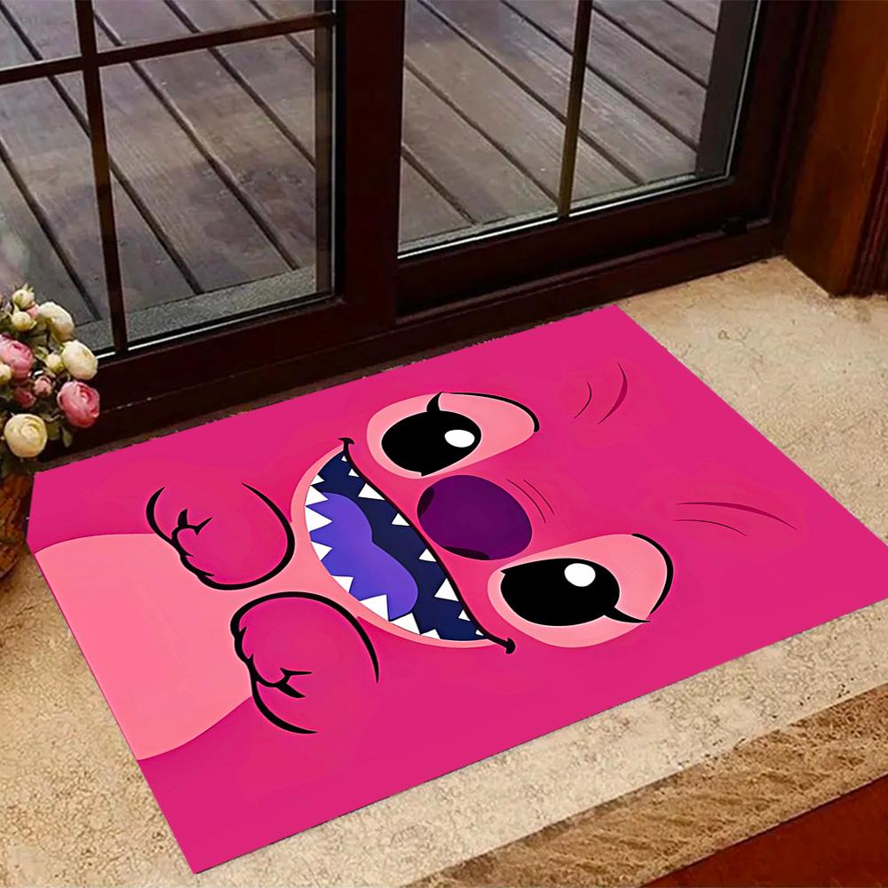 Pink Stitch Heart Background Disney Cartoon Theme Anti-Slip Rug - Polyester, Home Decor, Suitable for Bedrooms, Living Rooms, Doorways, and Studios